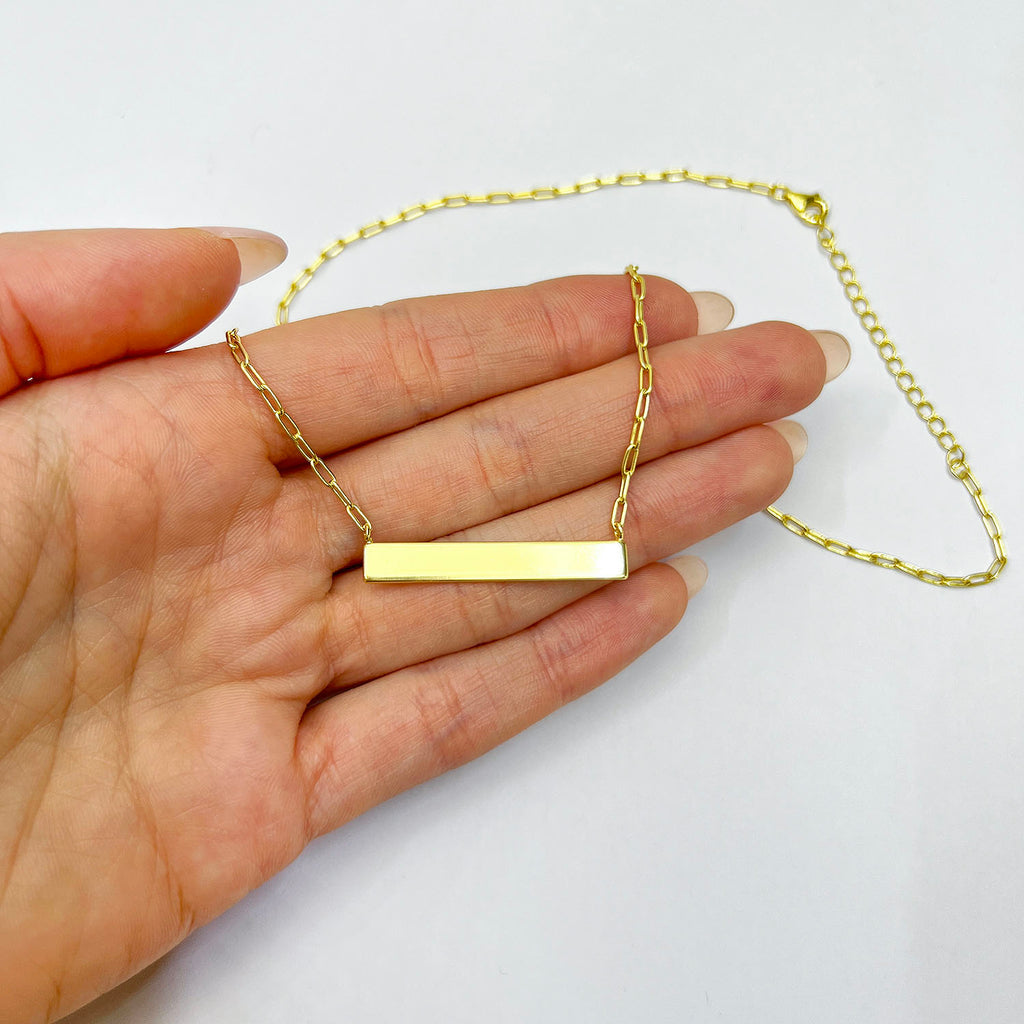 Gold Over Silver Paperclip Bar Pendant Necklace 16"-18" V659