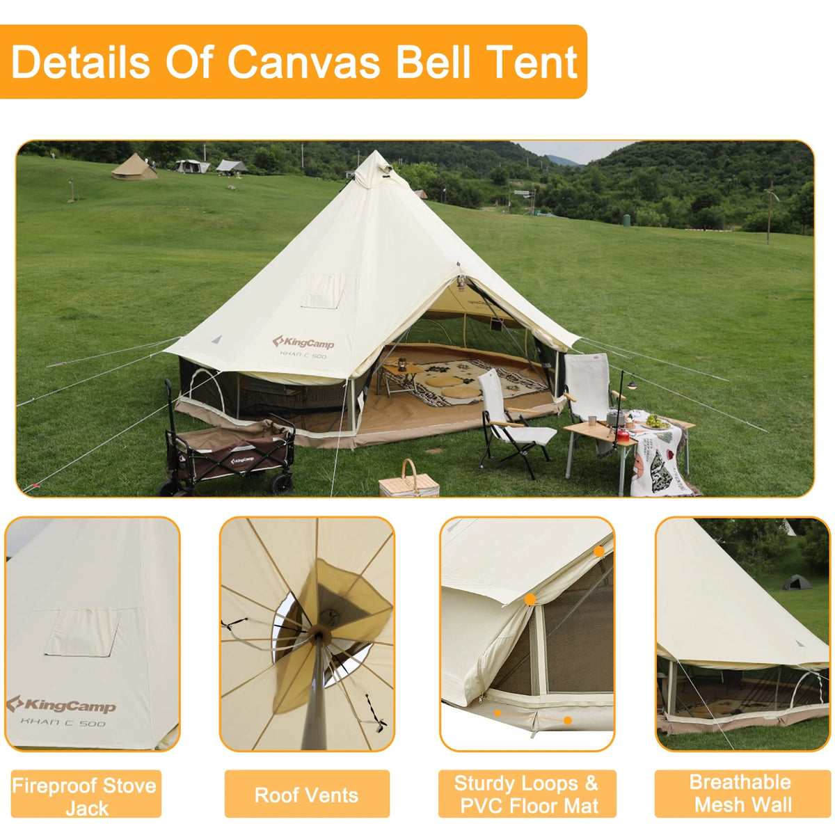 Canvas Bell Tent with Stove Jack Hole, 8-People 4 Seasons T39919