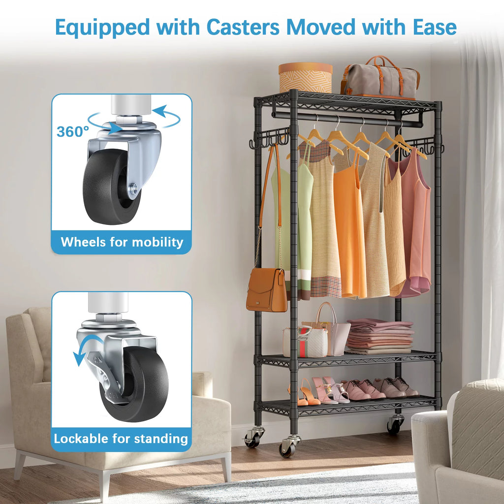Rolling Clothes Rack Portable Garment Rack Black F120