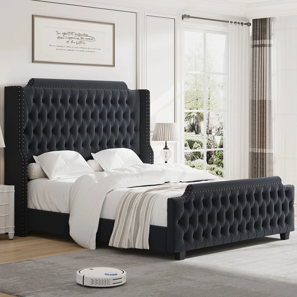 Queen Size Off-white Velvet Upholstered Bed Frame with Headboard and Footboard C40348