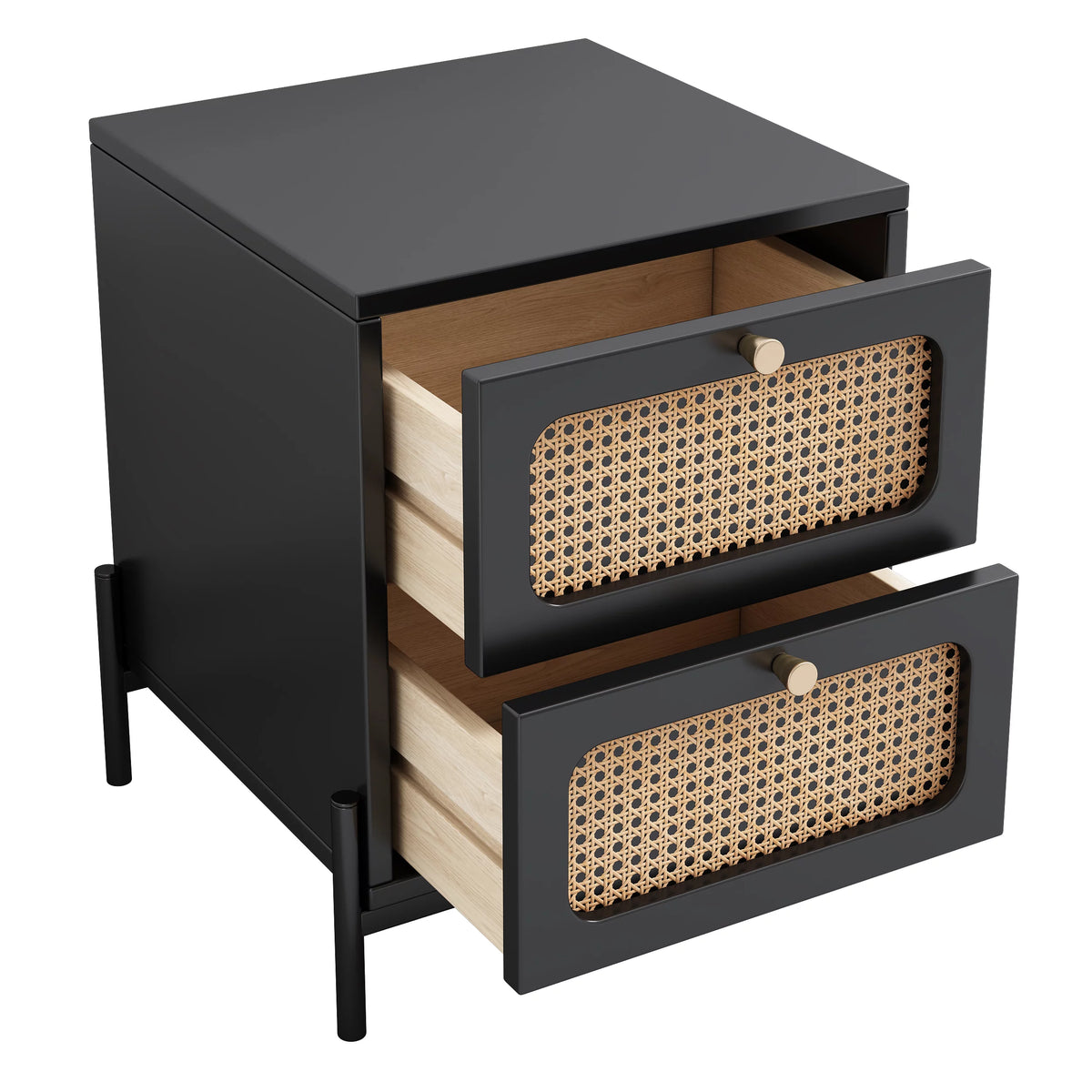 Black 2-Drawer Rattan Wood Side Table S908