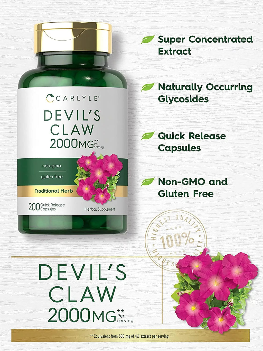 Devils Claw 2000mg 200 Capsules Concentrated Root Extract E6258