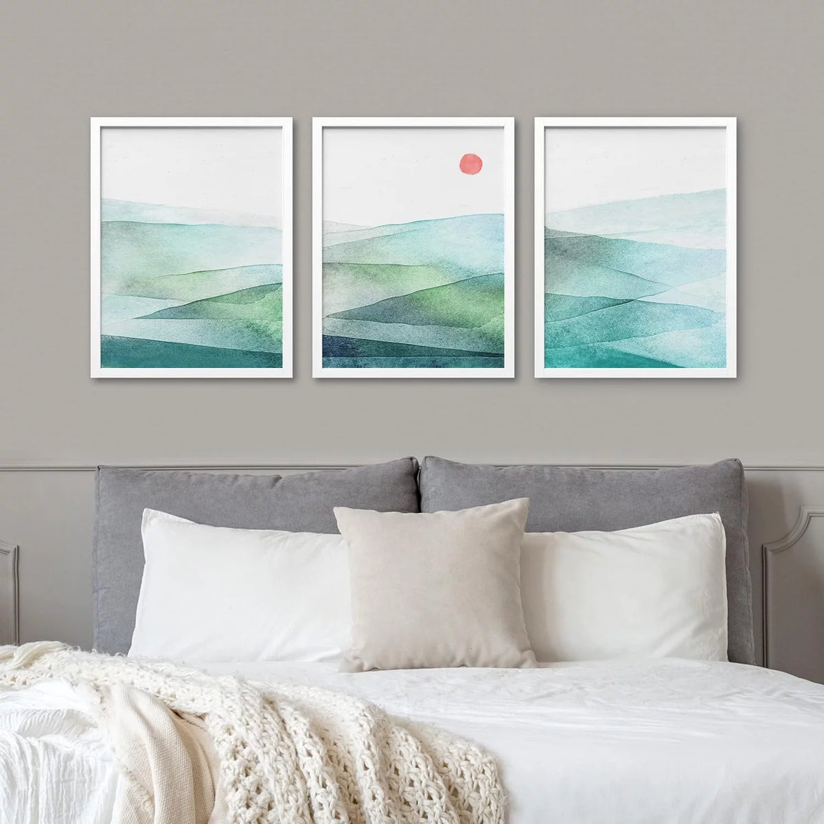 Framed Canvas Print Wall Art Set of 3 Green Blue Mountains U579