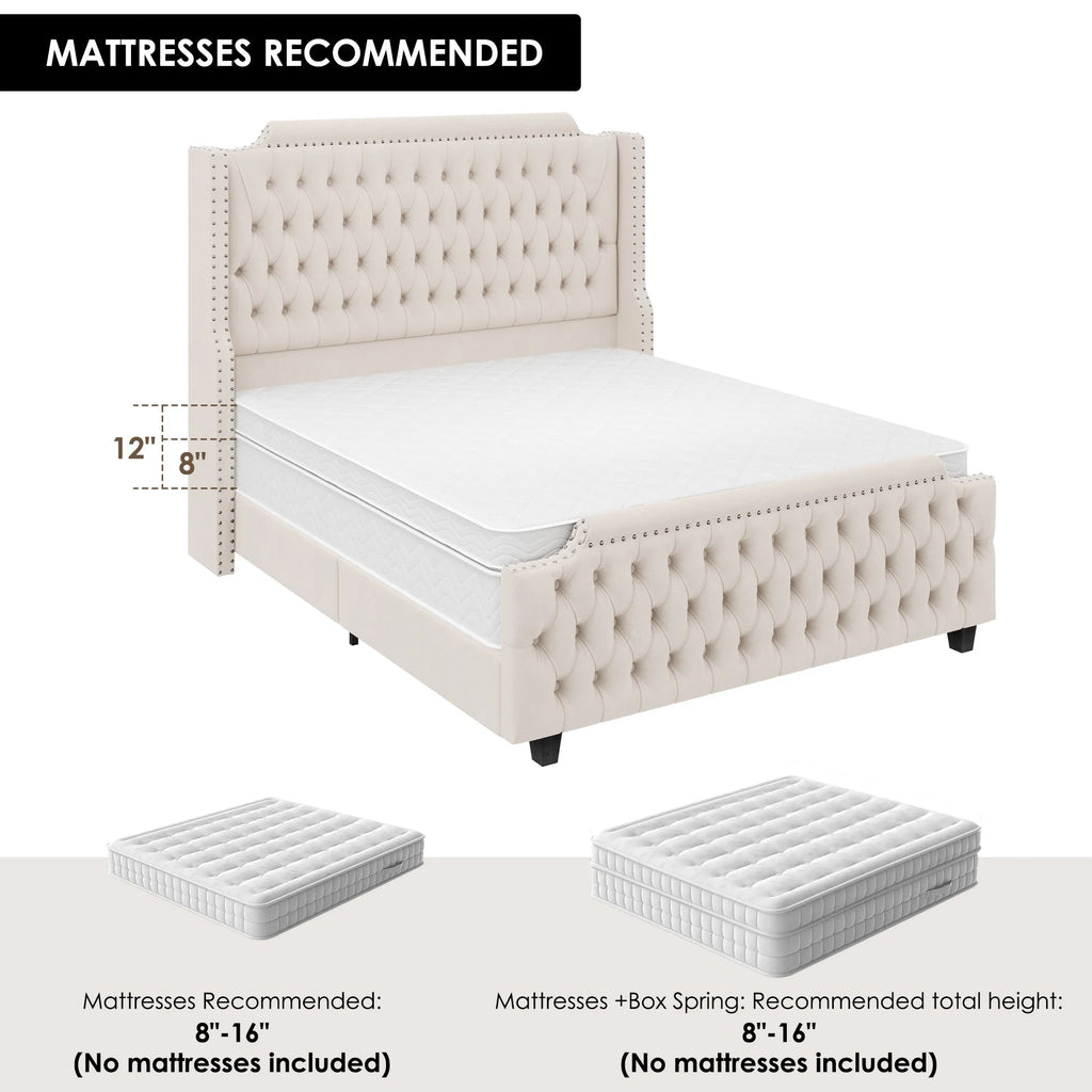 Queen Size Off-white Velvet Upholstered Bed Frame with Headboard and Footboard C40348
