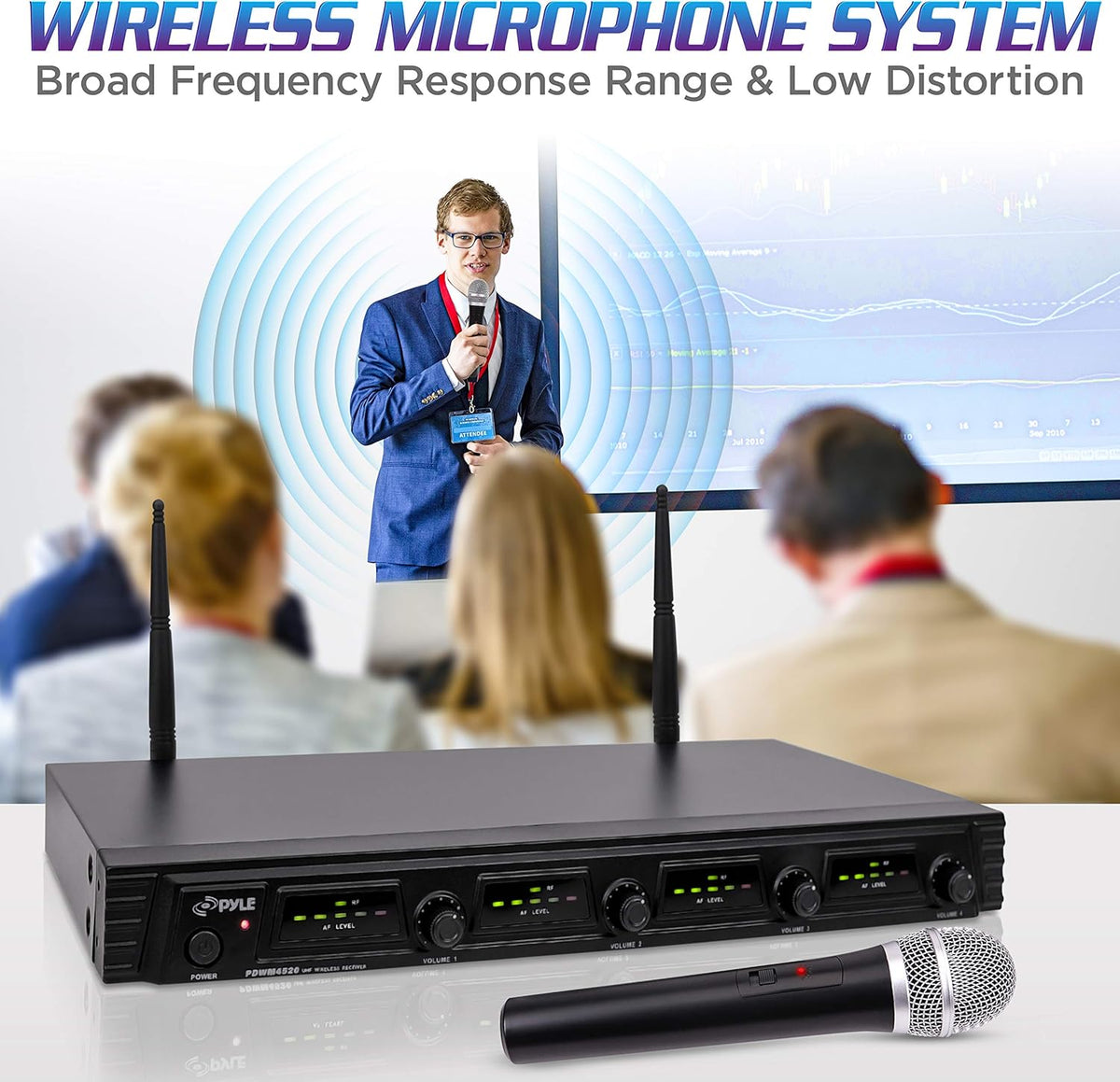 4 Channel Wireless Microphone System with 4 Handheld Dynamic Mic, Receiver, Dual Antenna, Black X97421