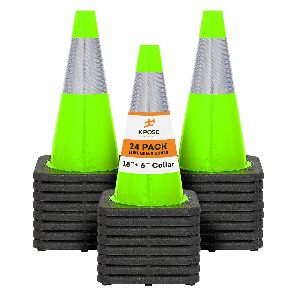 Lime Green PVC Traffic Cone with Reflective Collar, 4 Pack Q3837