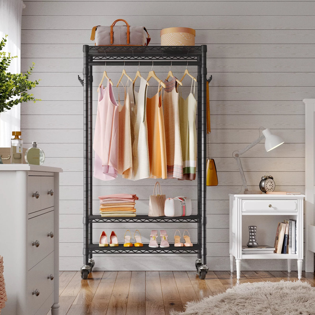 Rolling Clothes Rack Portable Garment Rack Black F120