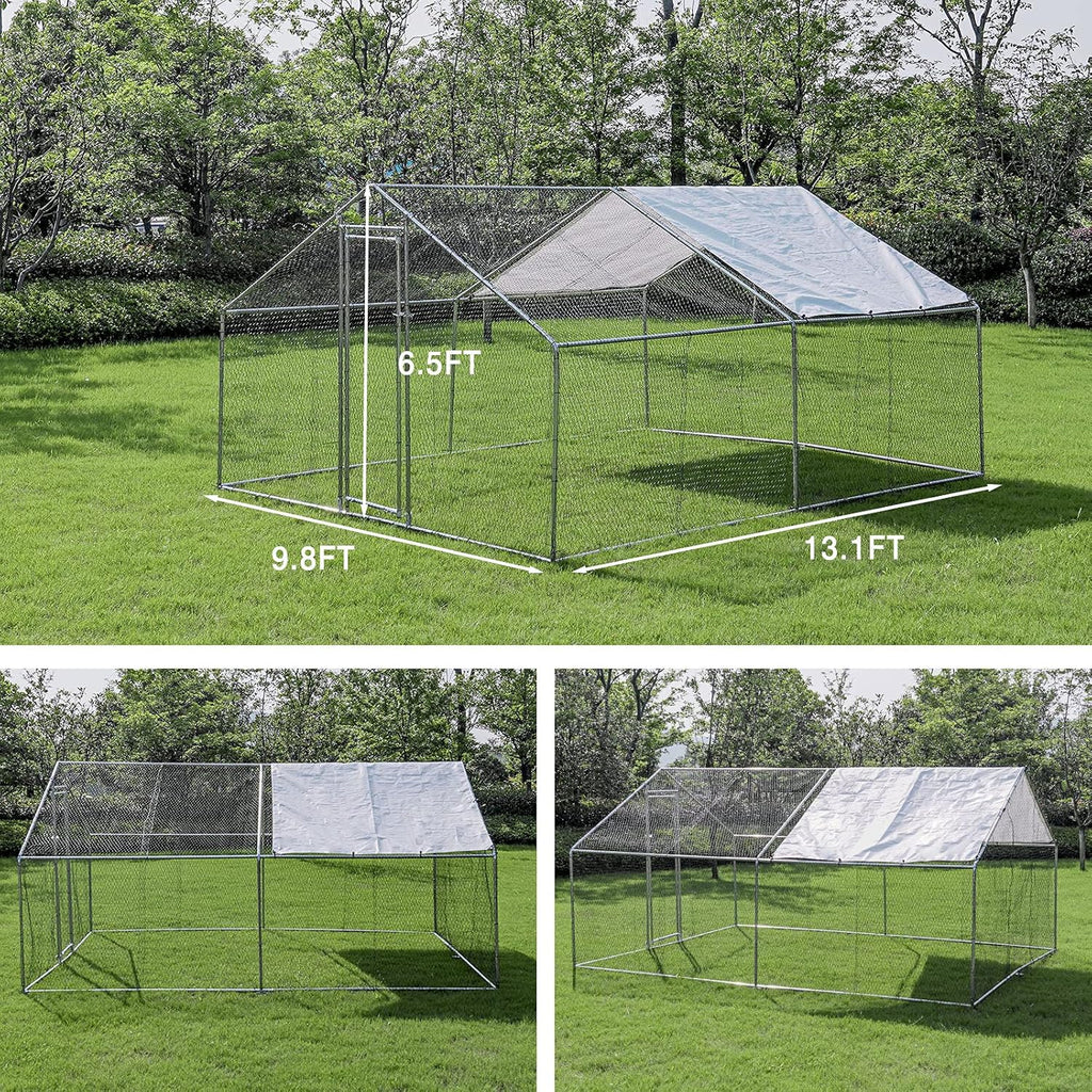 Large Metal Chicken Coop with Waterproof & Anti-UV Cover, Galvanized Steel (9.8' x 13.1' x 6.5') C136