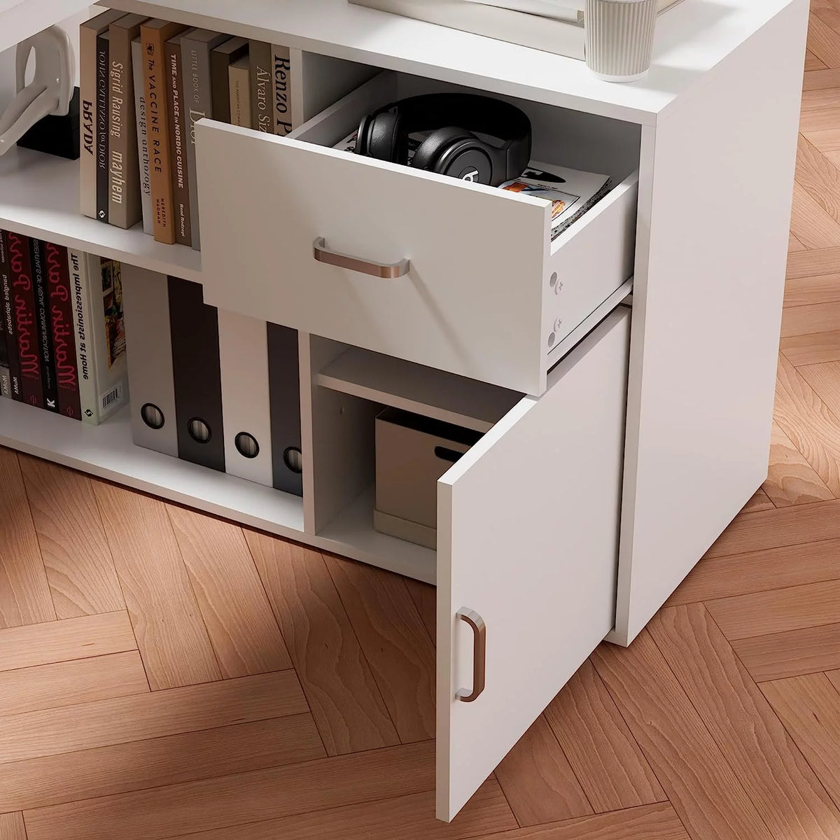 White L-Shaped Computer Desk with Drawer and 2 Shelves X8266