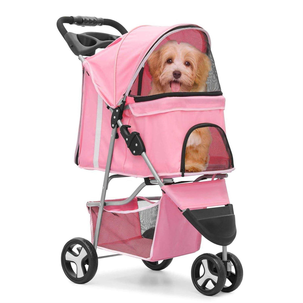 Foldable 3 Wheels Pet Stroller with Storage Basket and Cup Holder C8362