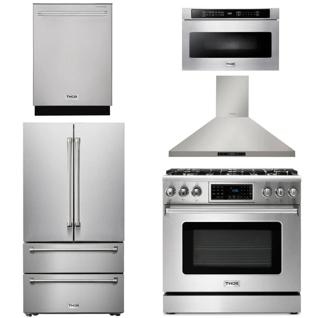 36 Gas Range, Range Hood, Microwave, Refrigerator, Dishwasher A6033