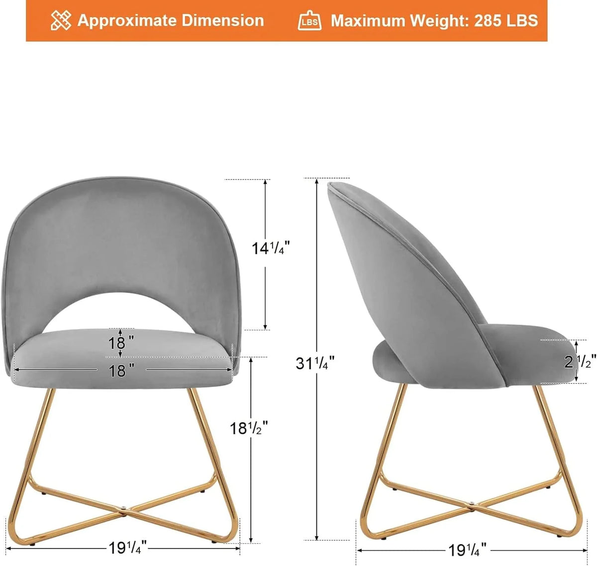 Lightgrey Velvet Upholstered Vanity Chair with Metal Legs W20803