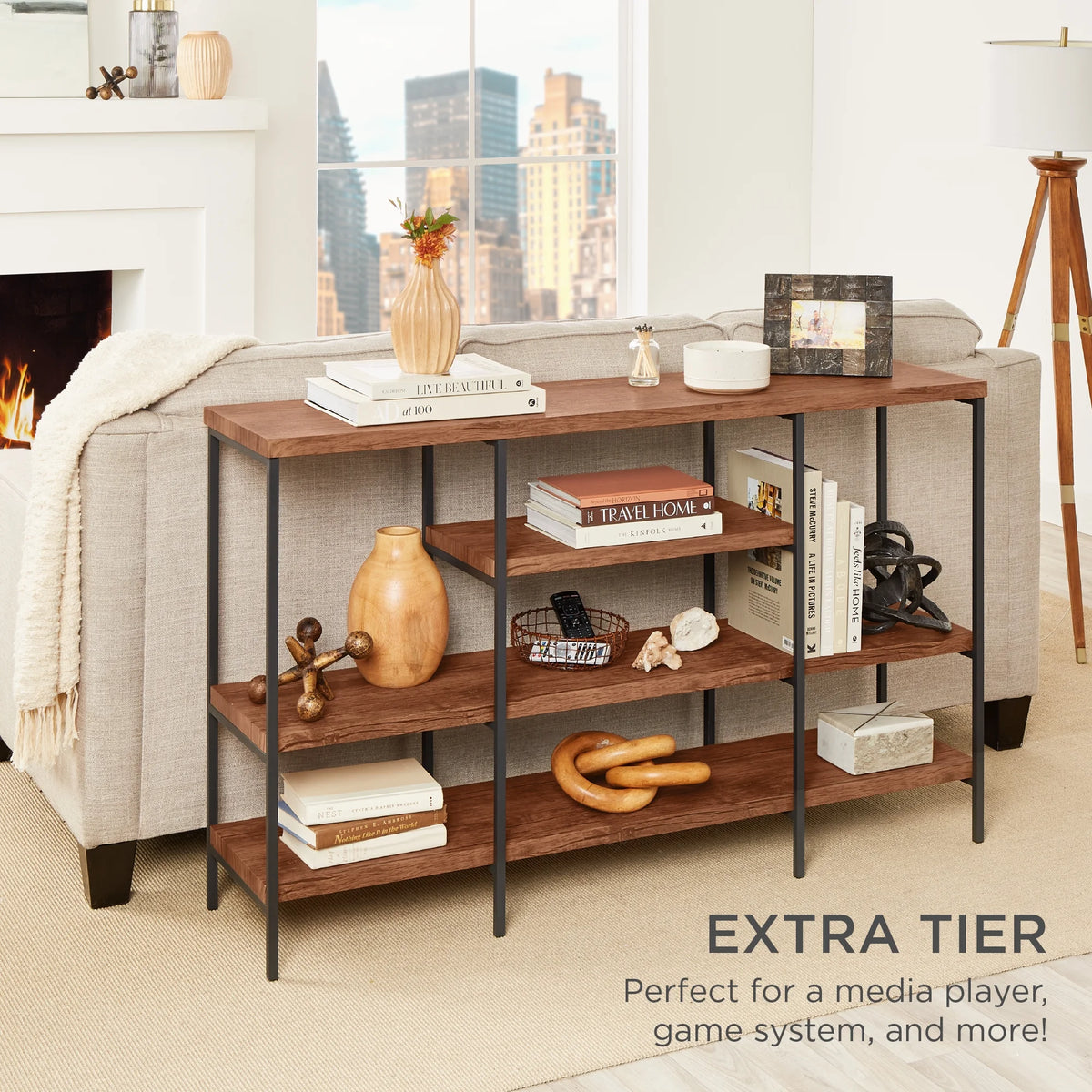 Industrial 4-Tier Console Table with Tall Shelves, Metal Frame B817436