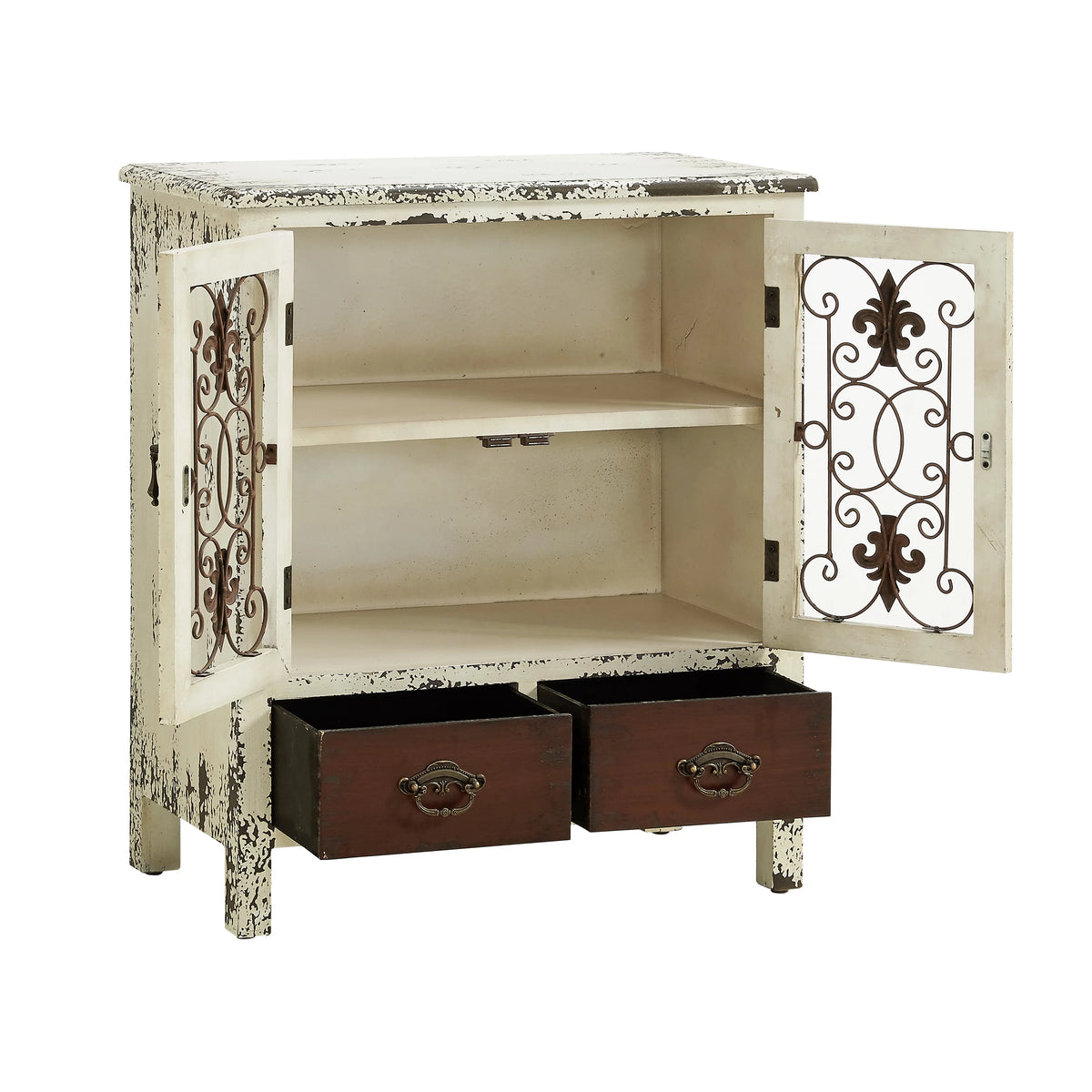 Distressed White 2-Door 2-Drawer Wood and Iron Console Table N56947