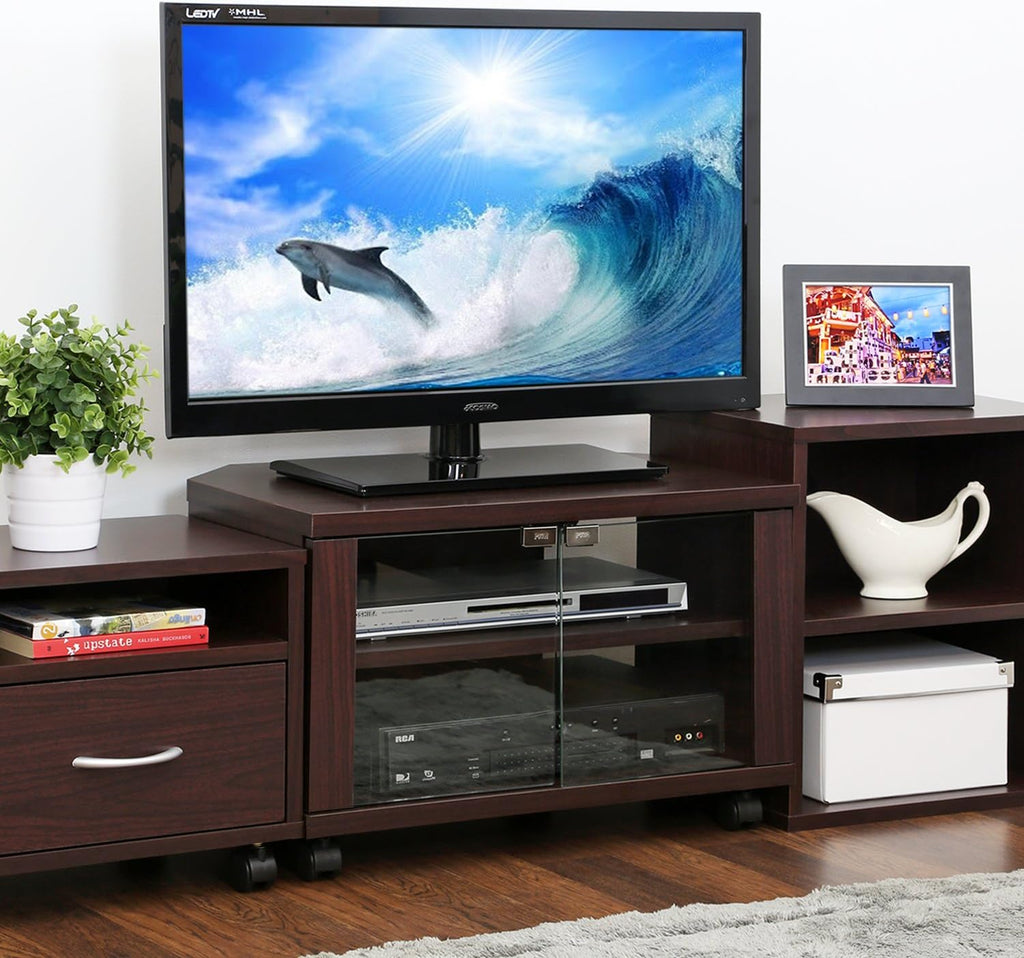 3-Tier TV Stand with Glass Doors and Casters, Espresso Y353