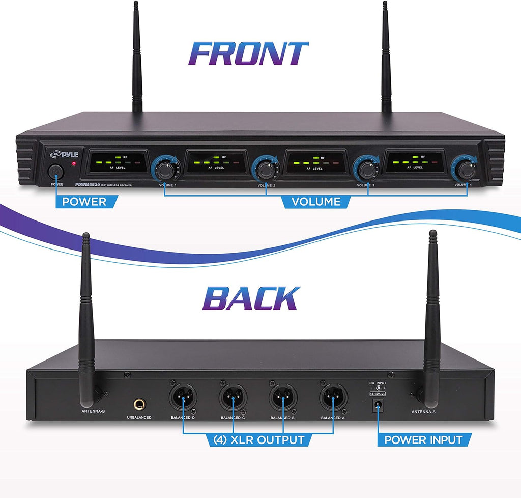 4 Channel Wireless Microphone System with 4 Handheld Dynamic Mic, Receiver, Dual Antenna, Black X97421