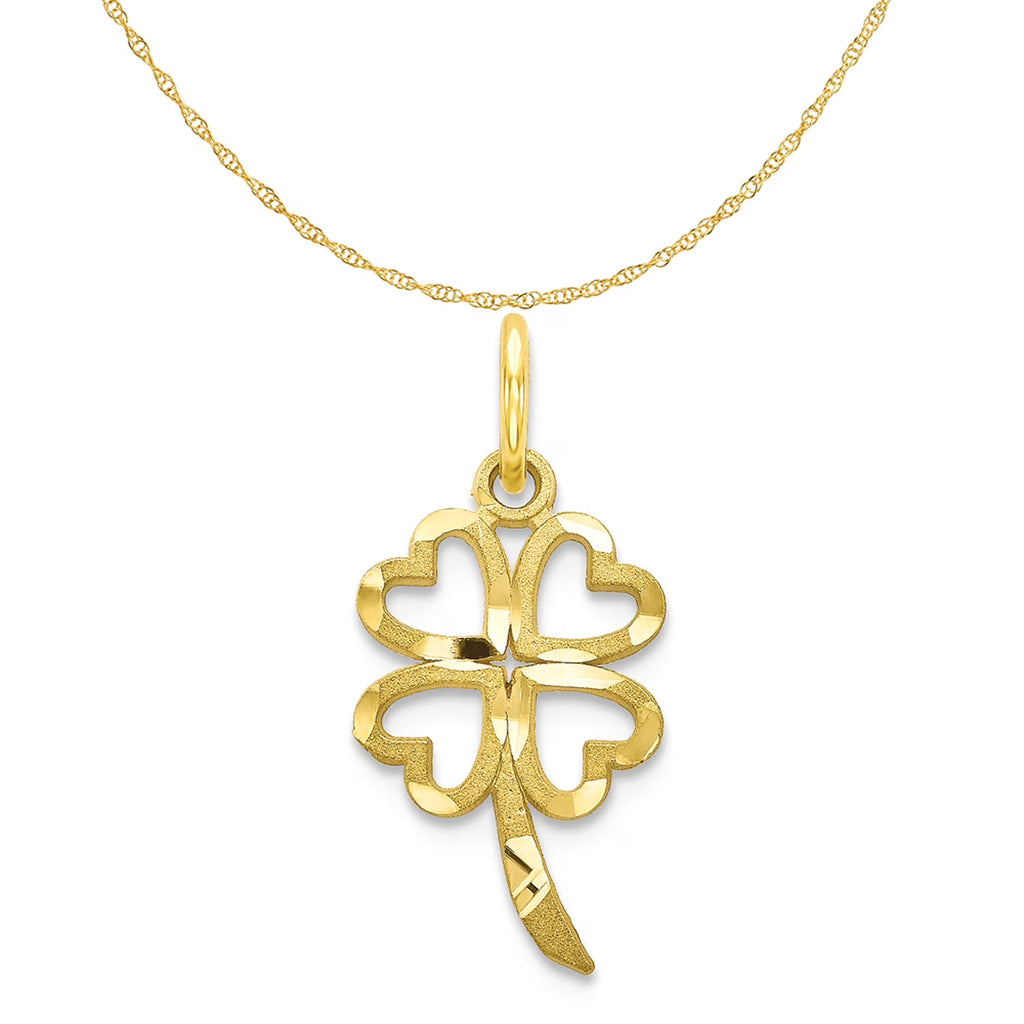 10K Yellow Gold Four Leaf Clover Pendant Charm with 14K Yellow Gold Rope Chain Necklace 16'' E43261