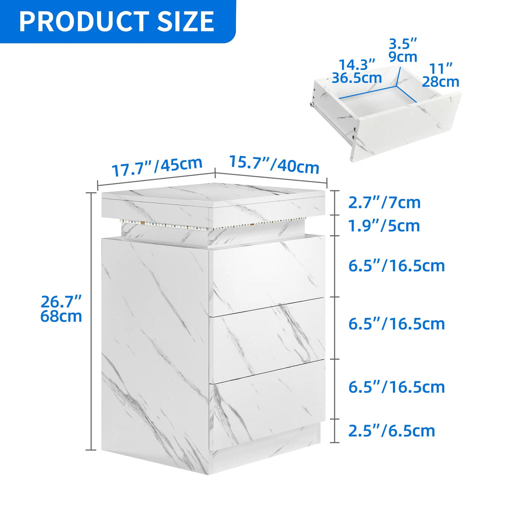 Set of 2 3 Drawer LED Nightstand T4106