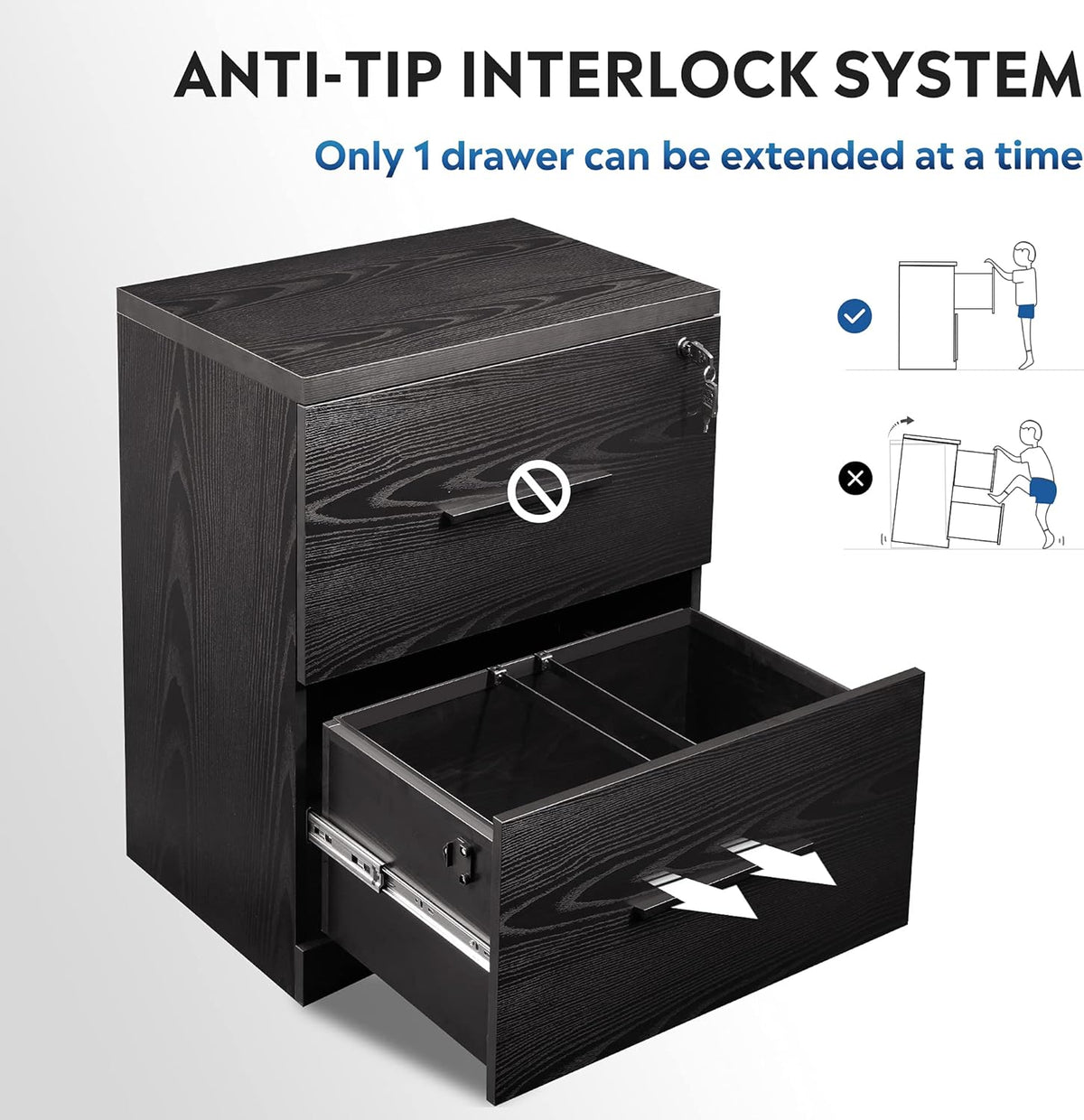Black 2-Drawer Wood Lateral File Cabinet with Lock Z862