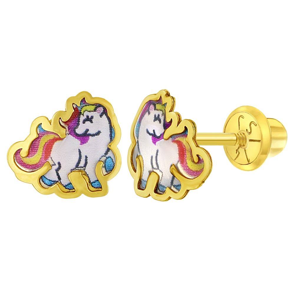 14K Yellow Gold Hand Painted Rainbow Enamel Unicorn Screw Back Earring Z31027