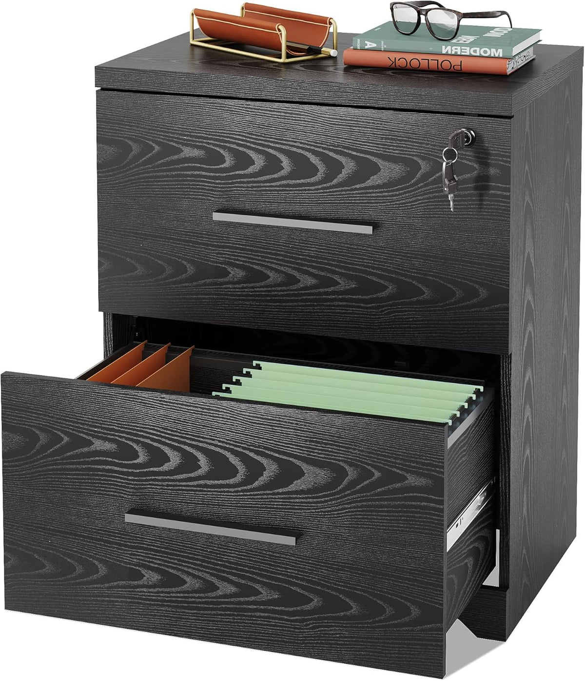 Black 2-Drawer Wood Lateral File Cabinet with Lock Z862