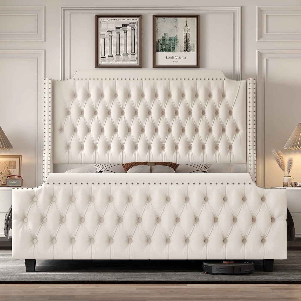 Queen Size Off-white Velvet Upholstered Bed Frame with Headboard and Footboard C40348