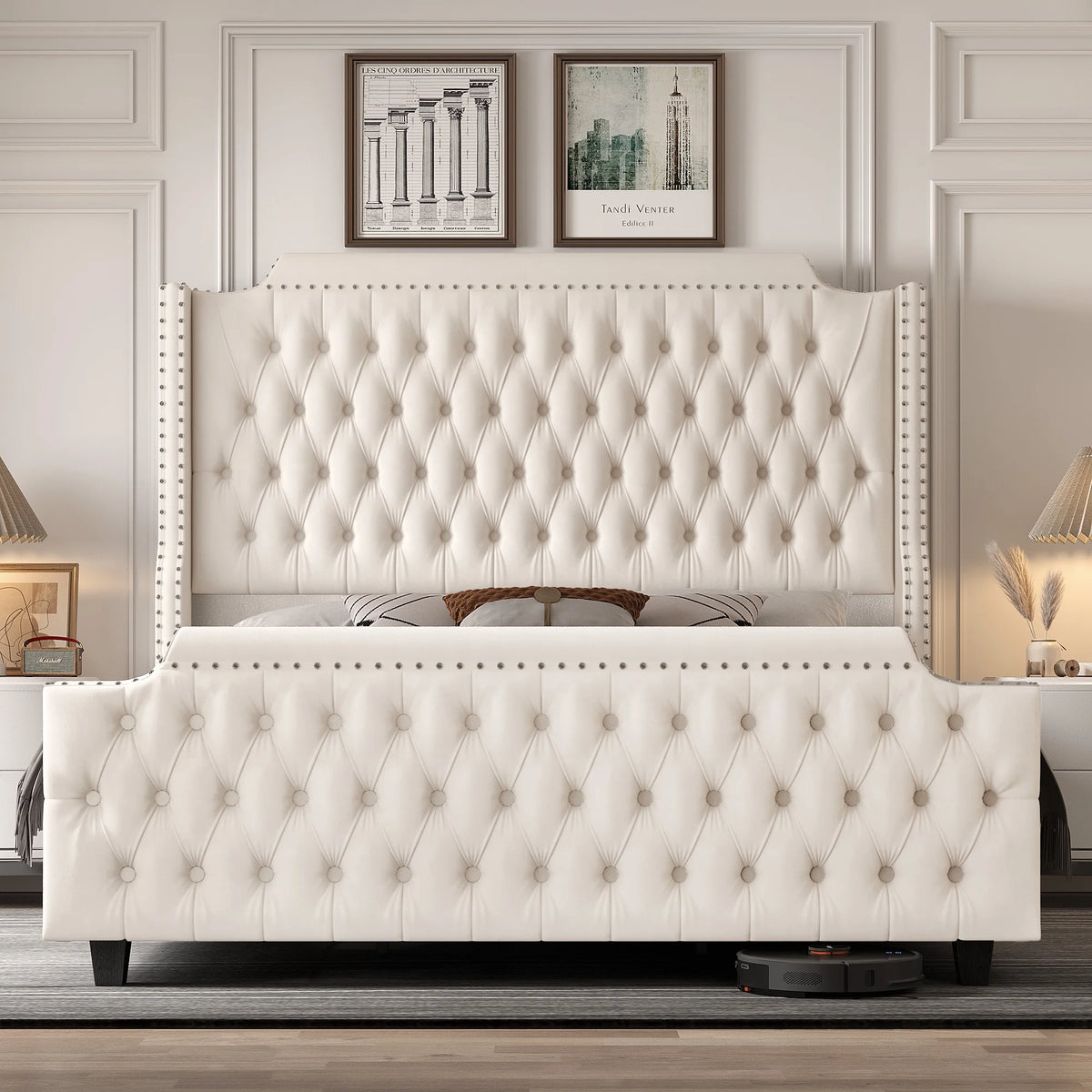 Queen Size Off-white Velvet Upholstered Bed Frame with Headboard and Footboard C40348