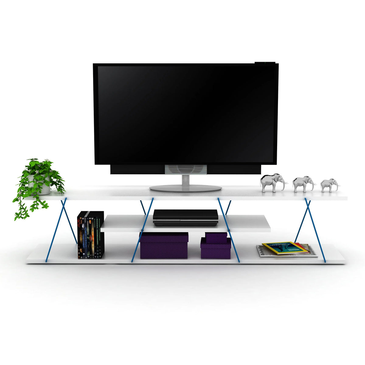 White Blue 4 Shelf 56 inch TV Stand O187