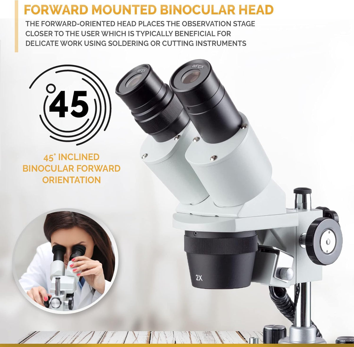 Binocular Stereo Microscope, WF10x Eyepieces, 20X and 40X Magnification, 2X and 4X Objectives, Upper and Lower LED Lighting, Reversible Black/White Stage Plate, Pillar Stand T478