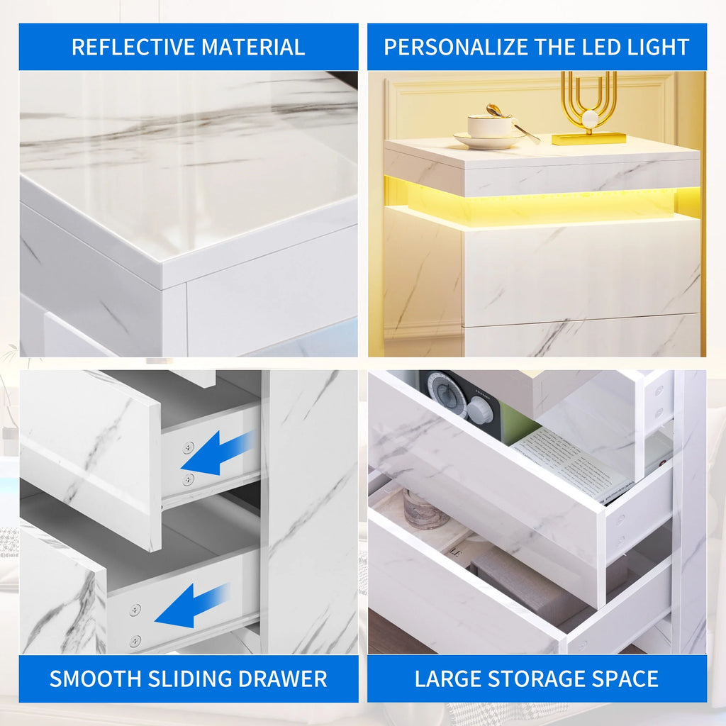 Set of 2 3 Drawer LED Nightstand T4106