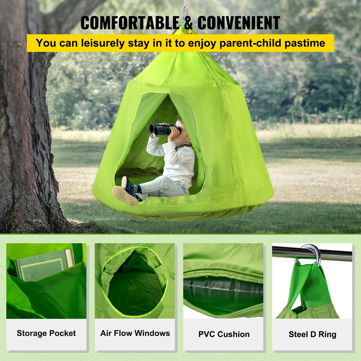 Green Hanging Tree Tent With LED String Lights U1284