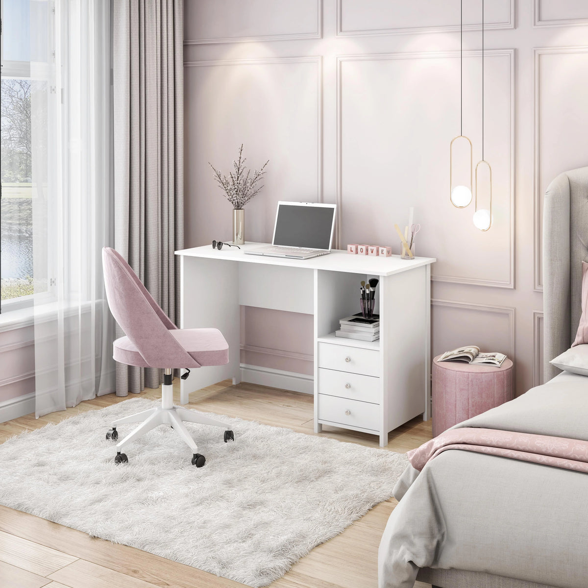 Contemporary Desk with 3 Storage Drawers, White Q3500