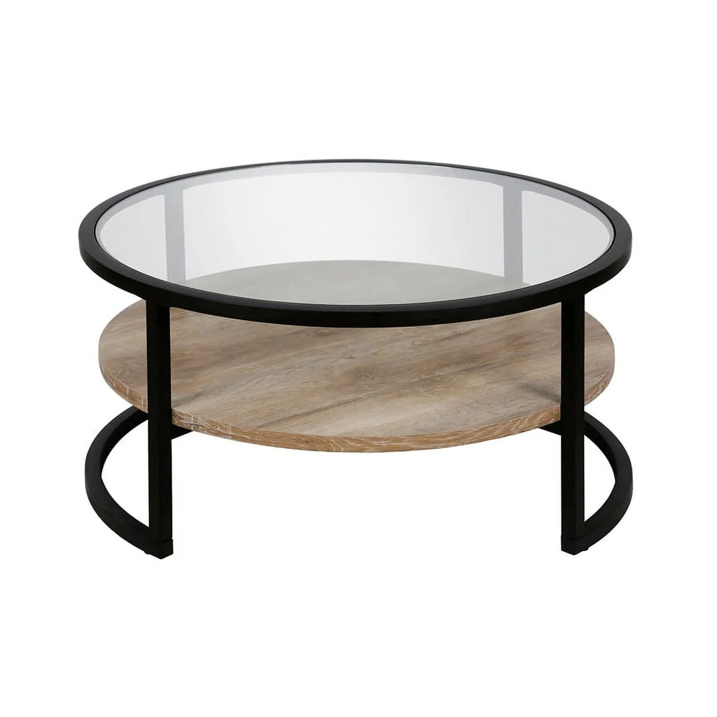 Modern Round Metal Coffee Table with Oak Shelf J541059