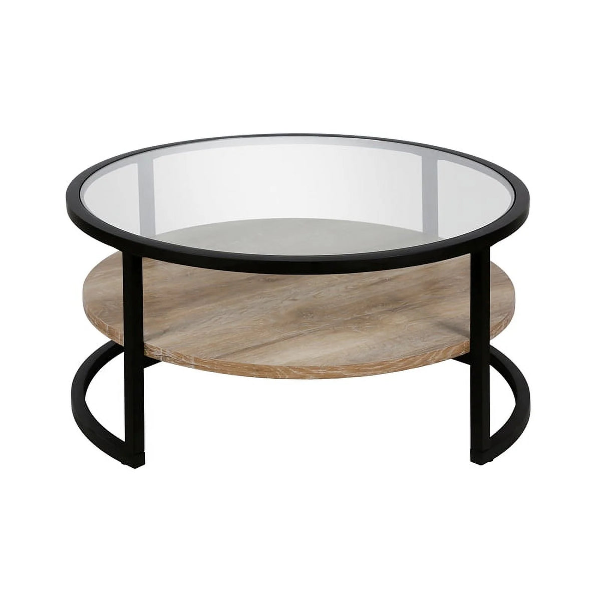 Modern Round Metal Coffee Table with Oak Shelf J541059