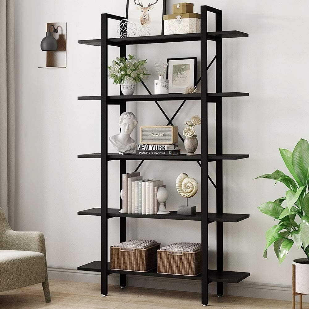 Large 5-Tier Open Bookcase with Wood & Metal Frame, Rustic Brown L95356