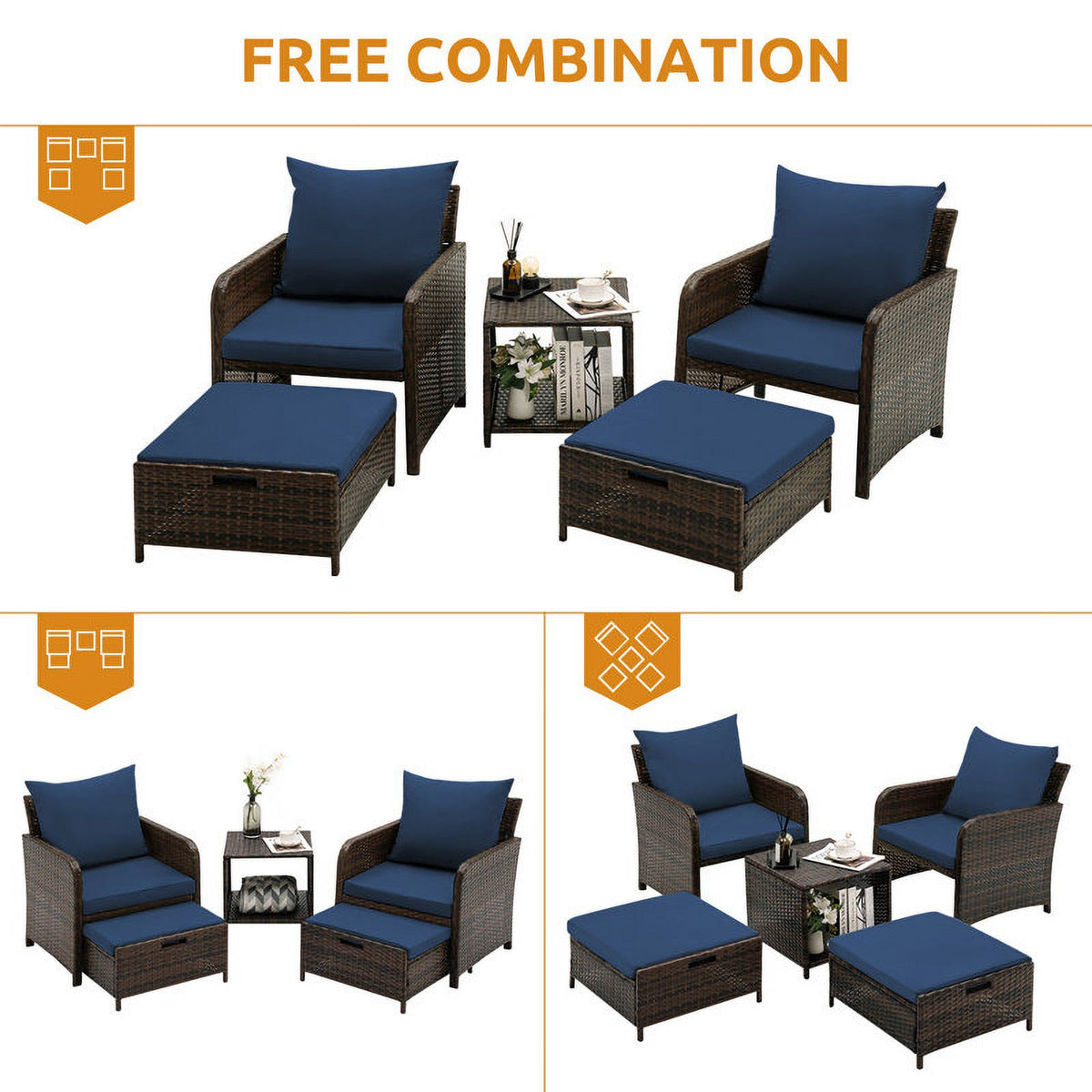 Navy 5 Piece PE Wicker Patio Furniture Set G6866