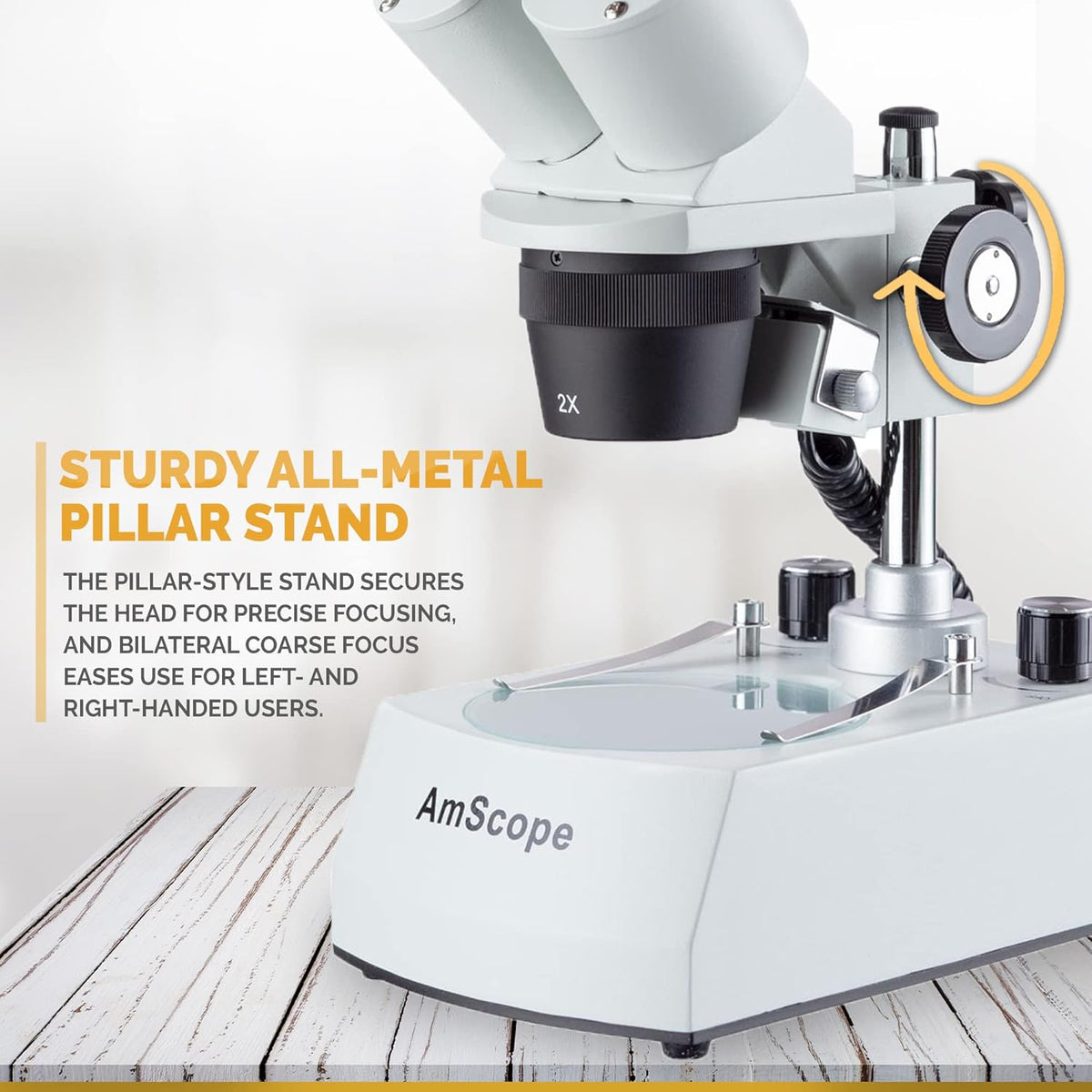 Binocular Stereo Microscope, WF10x Eyepieces, 20X and 40X Magnification, 2X and 4X Objectives, Upper and Lower LED Lighting, Reversible Black/White Stage Plate, Pillar Stand T478