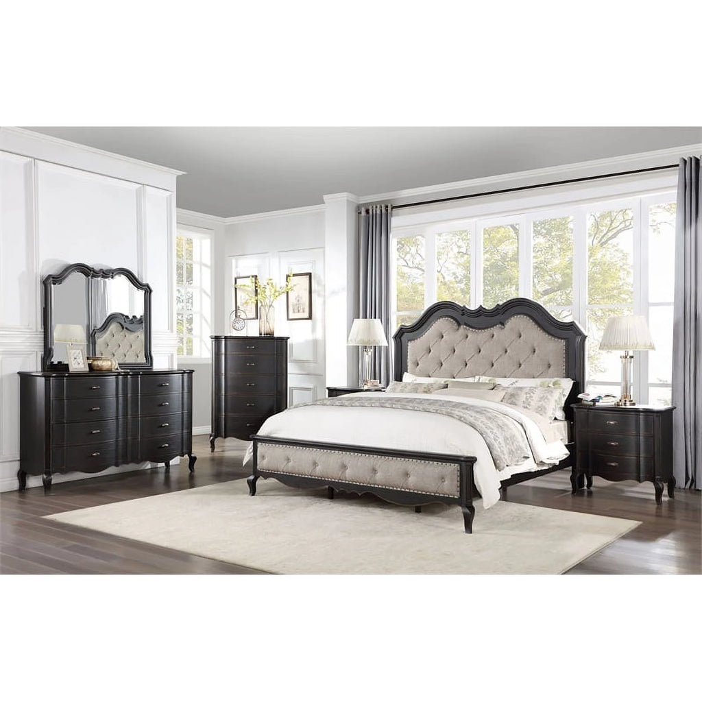 Beige Tufted Fabric Wood Queen Bed F200