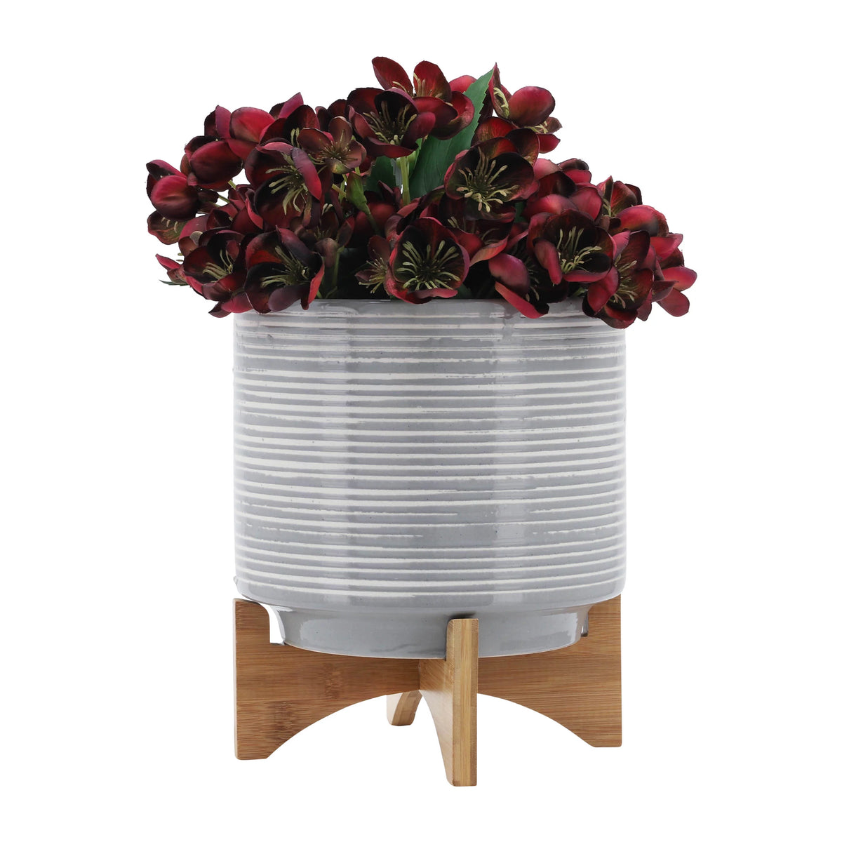 10" Round Striped Ceramic Planter On Stand E530923