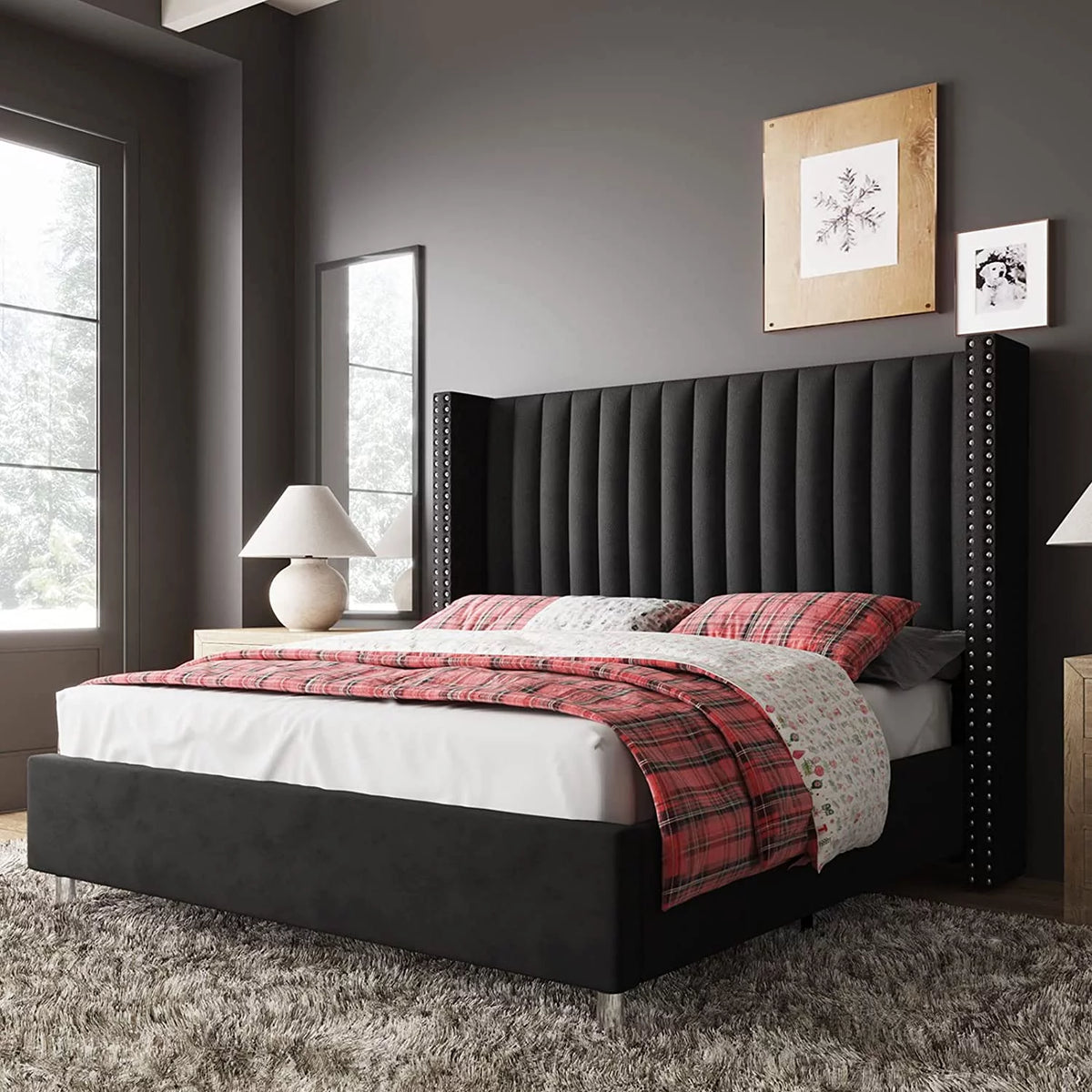 King Size Velvet Upholstered Bed Frame Y195746