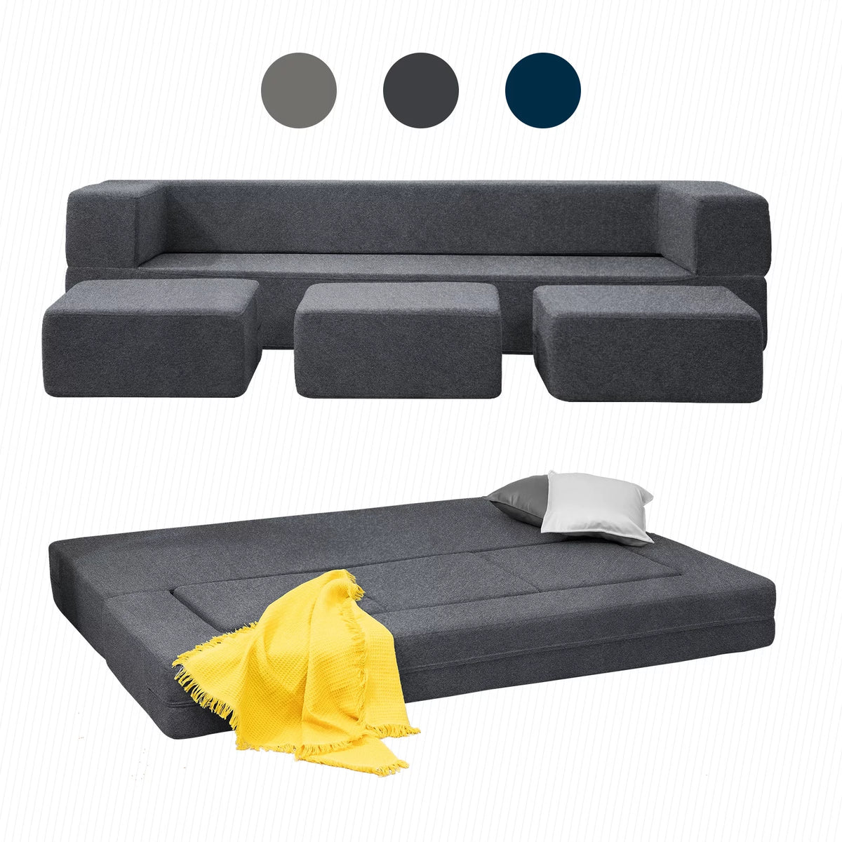 Folding Foam Sofa Bed with 3 Ottomans J190