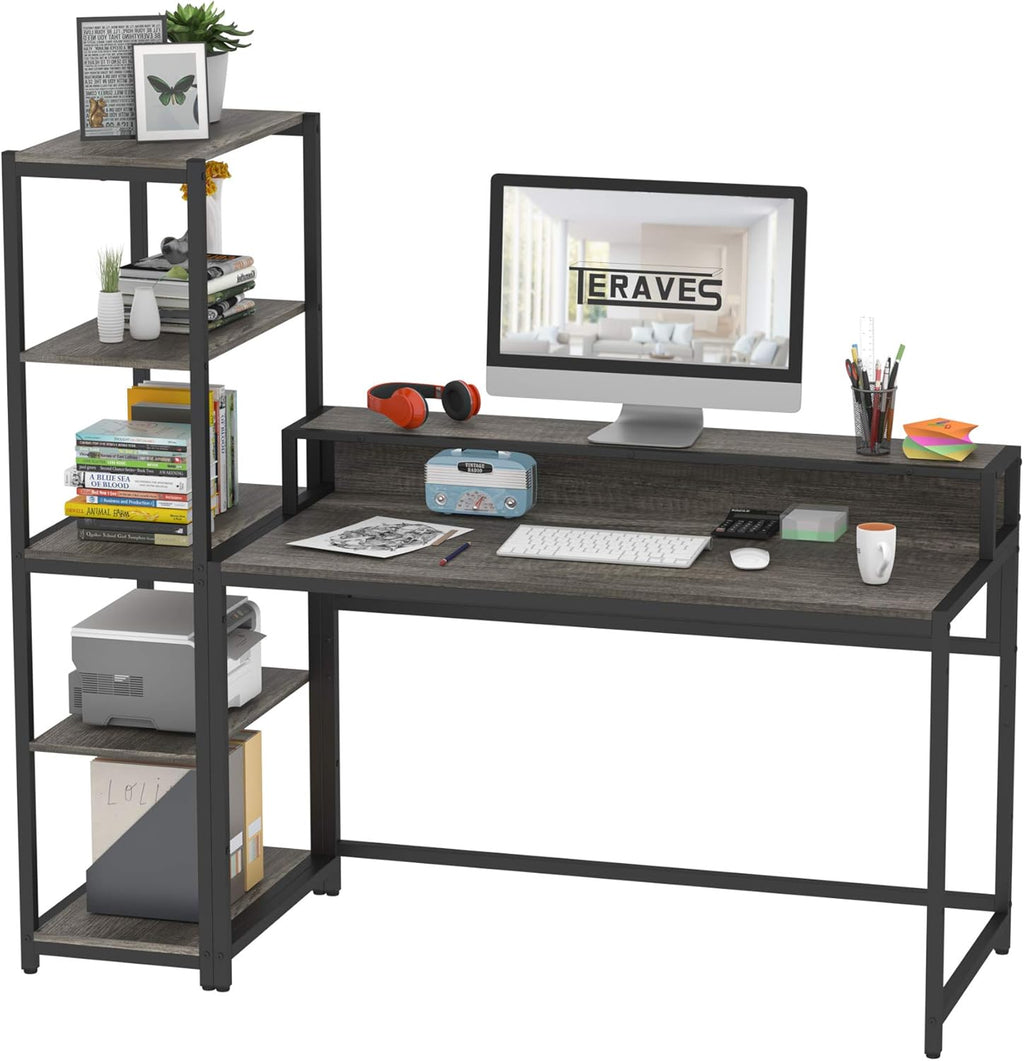47 Inch Reversible Computer Desk with 5 Tier Shelves and Storage P239838