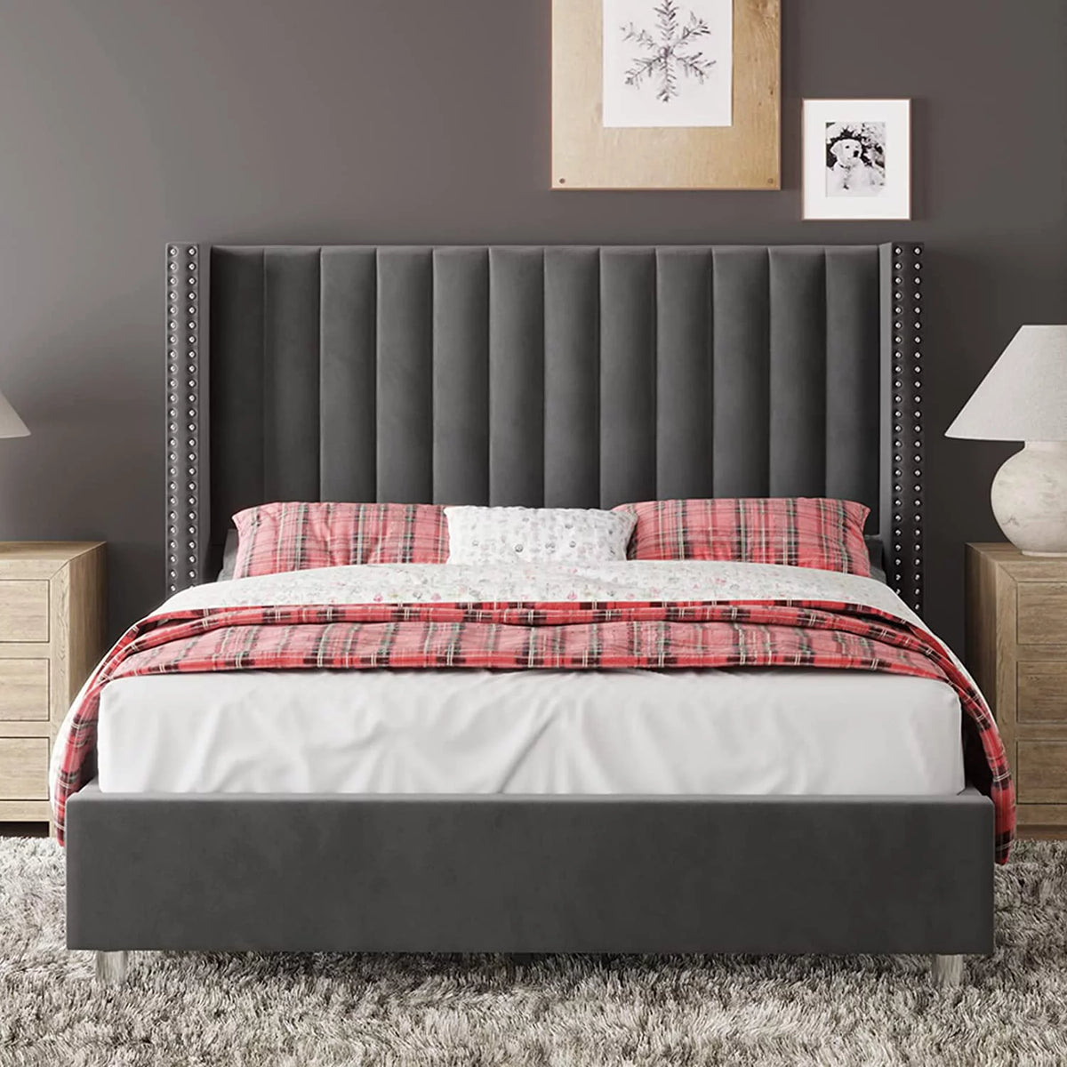 King Size Velvet Upholstered Bed Frame Y195746