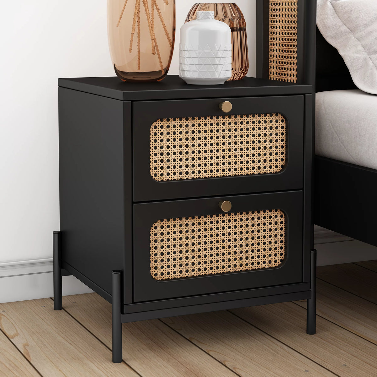 Black 2-Drawer Rattan Wood Side Table S908