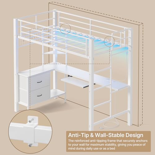 Brown Twin Loft Bed with L-Shaped Desk and LED Lights H4473