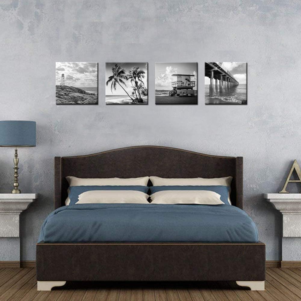 Black and White Beach Wall Art Florida Seascape Painting Lighthouse Lifeguard Tower Pier Picture Print Framed Artwork Ready to Hang B767395