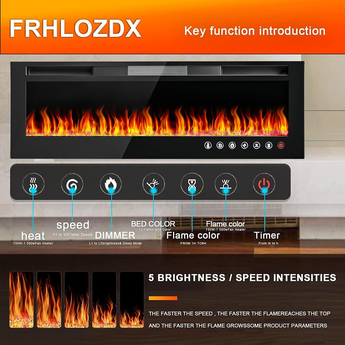 Electric Fireplace Heater with Remote Control, 750/1500W X7418