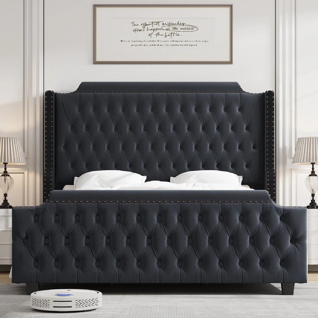 Queen Size Off-white Velvet Upholstered Bed Frame with Headboard and Footboard C40348
