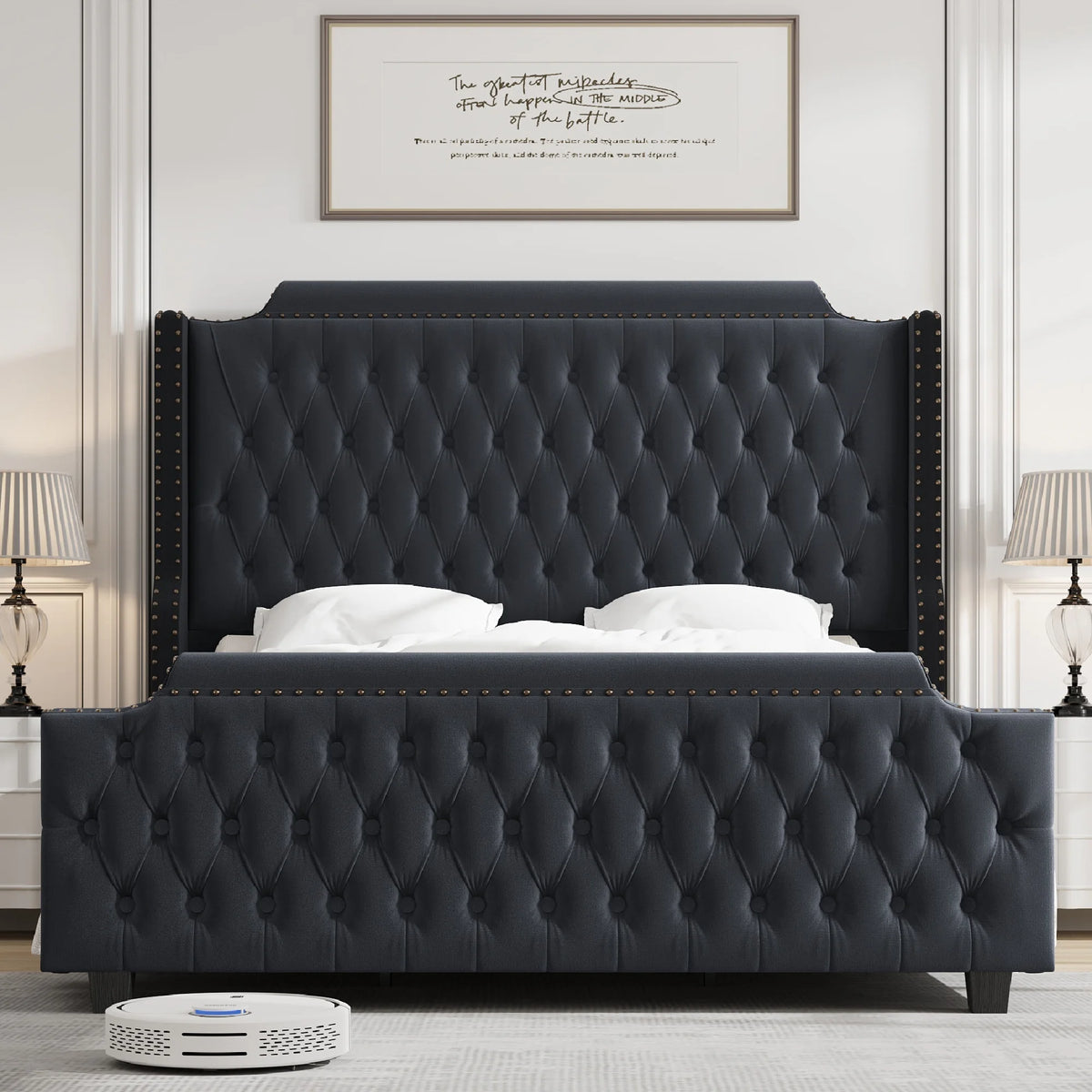 Queen Size Off-white Velvet Upholstered Bed Frame with Headboard and Footboard C40348